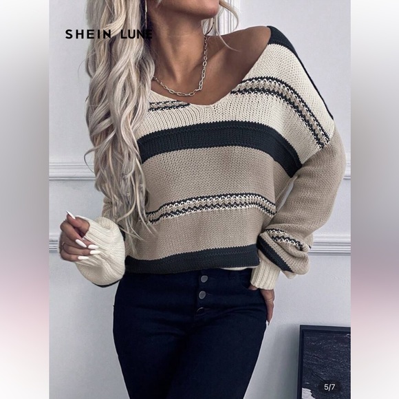 NWOT Striped Dropped Shoulder Sweater, Size Medium, Cream/Black/Khaki - Picture 2 of 6